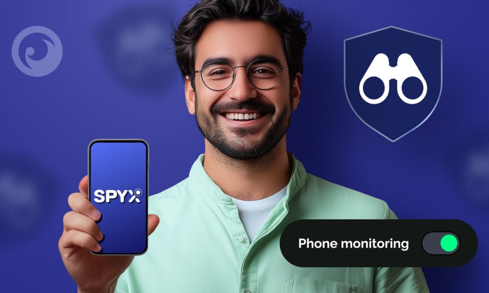 SpyX vs Eyezi: Scopri le differenze e quale scegliere Uomo sorridente con smartphone e logo